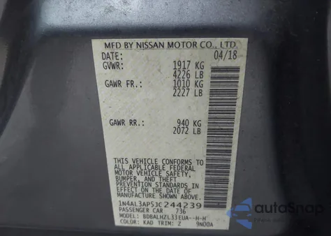 2018 Nissan Altima 2.5 Sr z USA, uszkodzony, nr VIN 1N4AL3AP5JC244239